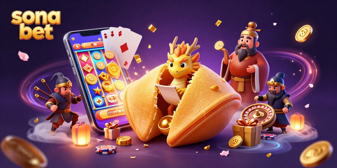 Experience the magic of sona bet with a dynamic 3D casino illustration featuring a golden fortune cookie and gaming elements.