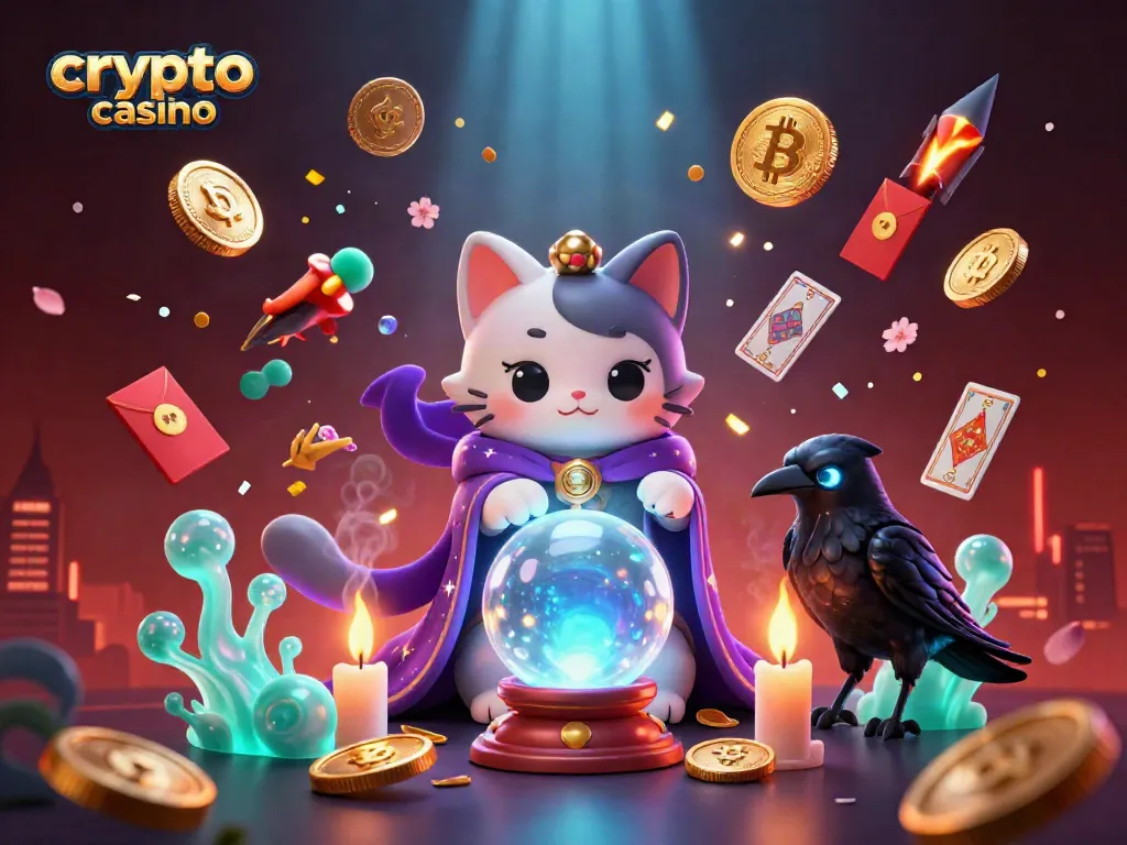 Win big at this vibrant crypto casino featuring a mystical cat and raven amidst glowing coins.