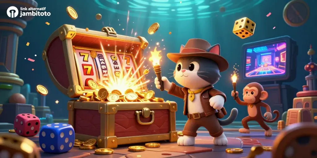 Engage with the thrilling action of the link alternatif jambitoto adventure featuring a cartoon archaeologist cat and monkey companion amidst casino treasures.