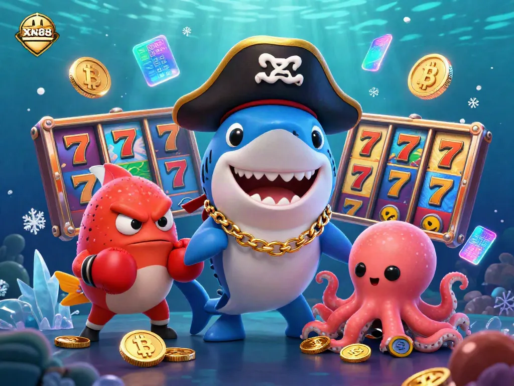 Experience the thrilling world of XN88 with a pirate shark and pufferfish in this vibrant casino illustration.