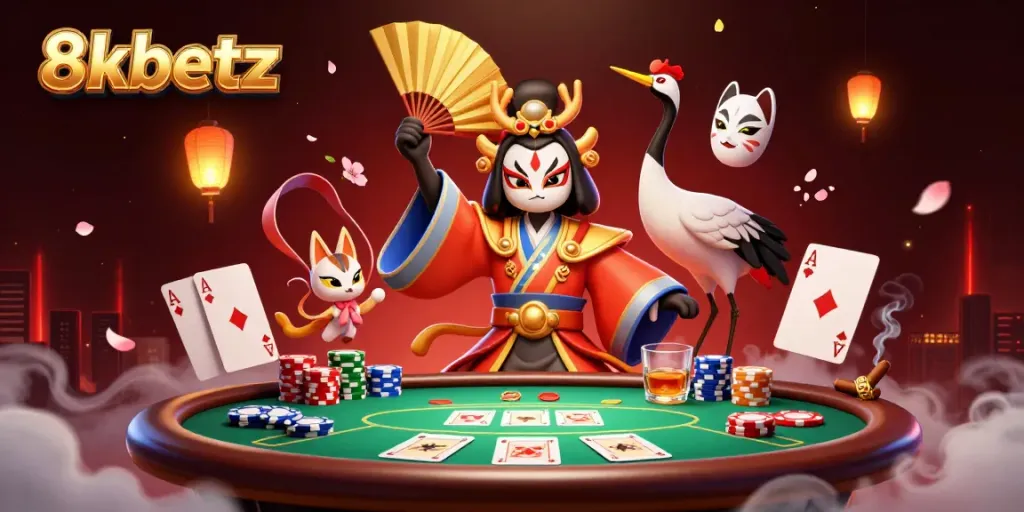 Engage in thrilling poker gameplay with 8xbetz featuring a vibrant kabuki warrior, poker chips, and lantern lights.