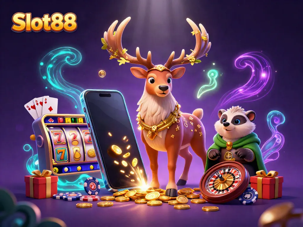 Spin the reels with Slot88 in this vibrant illustration featuring magical characters.