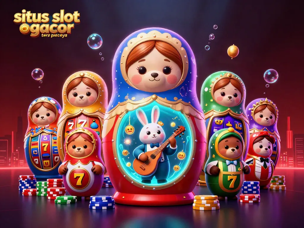 Engaging scene showcasing situs slot gacor terpercaya with 3D cartoon bears, slot reels, and whimsical casino elements.