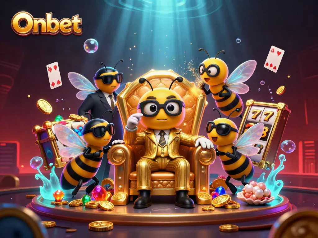 Onbet reveals engaging casino world with a bumblebee mob boss amid treasures and slot reels.