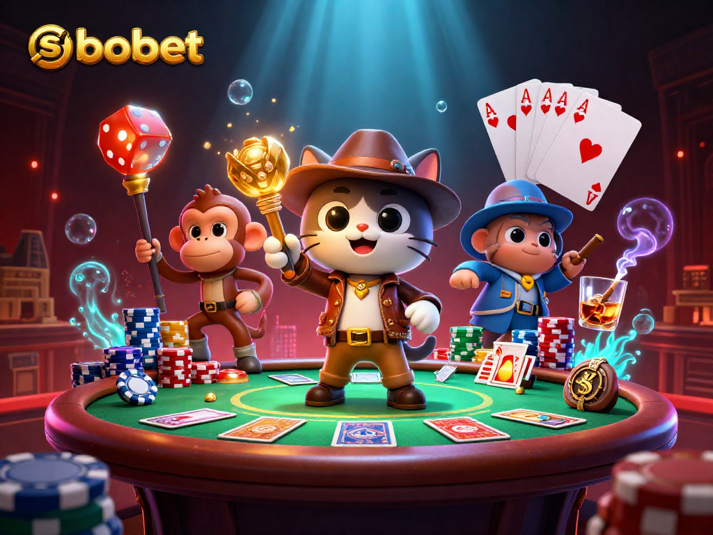 sbobet gamers placing bets at an ancient casino with vibrant 3D cartoon characters