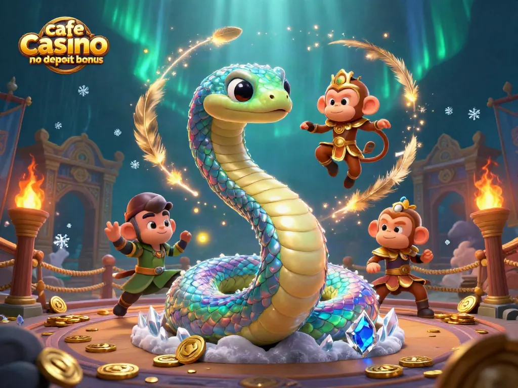 Play and win with the cafe casino no deposit bonus, featuring vibrant gaming elements and characters.