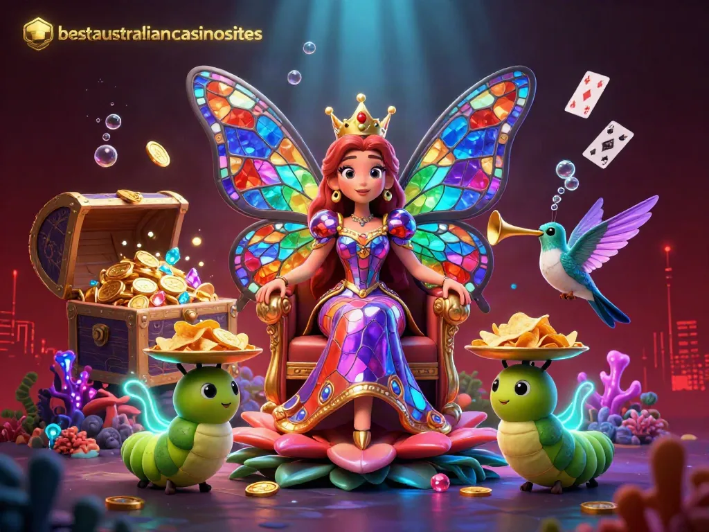 Experience the thrill of gaming at bestaustraliancasinosites with a whimsical 3D illustration of a butterfly queen amid swirling casino elements.