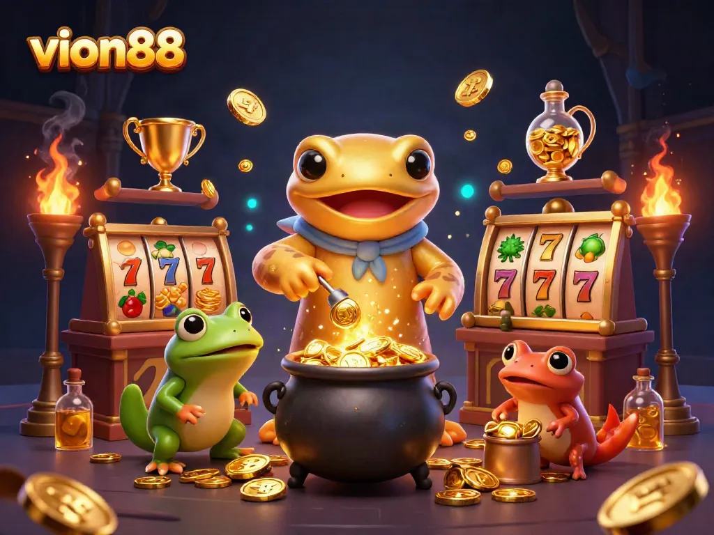 Experience the thrill of vion88 with a golden alchemist creating riches in a vibrant, magical casino scene.