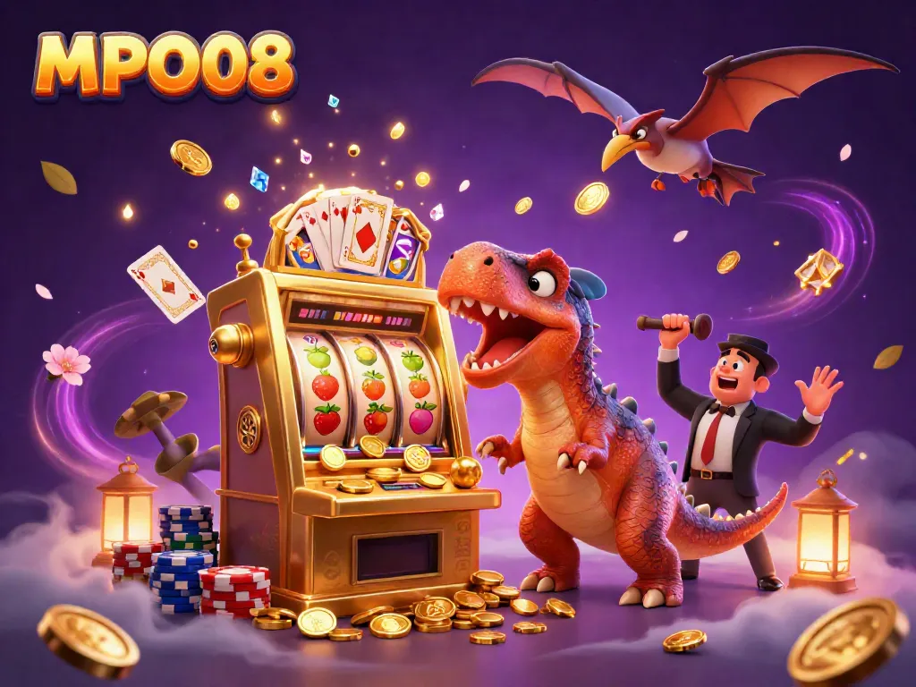 Experience the excitement of MPO08 as a dinosaur wins big at the slot machine, surrounded by gold coins and vibrant casino elements.