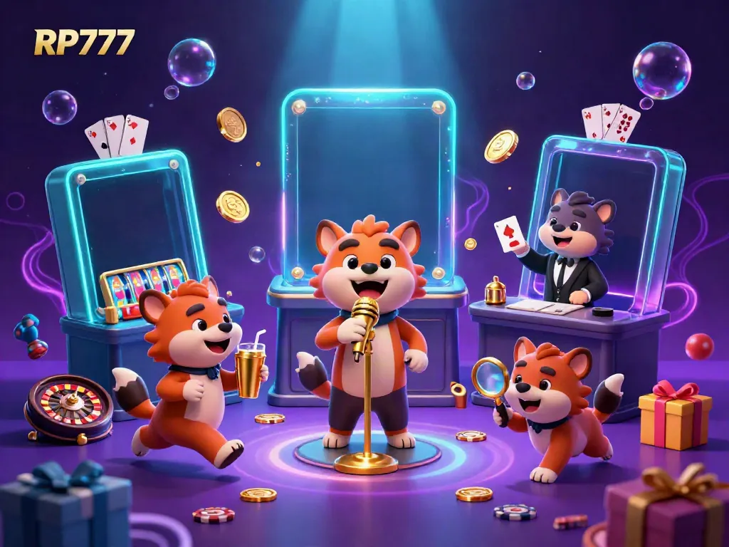 Experience the thrill at RP777 with a vibrant casino scene featuring comedy, slots, and golden shakers.