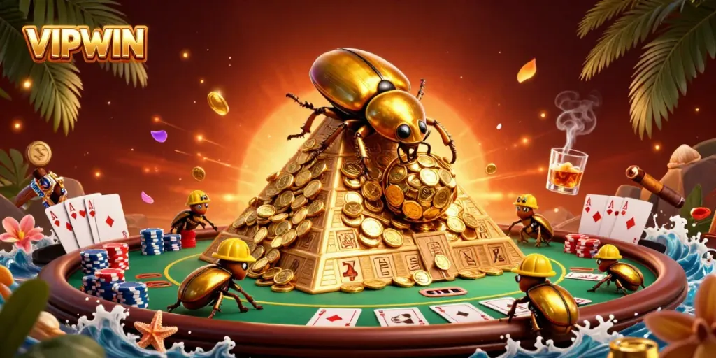 Experience VIPWIN with an energetic scene of cartoon beetles symbolizing wealth in a vibrant casino setting.