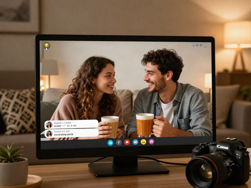 Couple enjoying sex ai chat on video call in cozy living room.