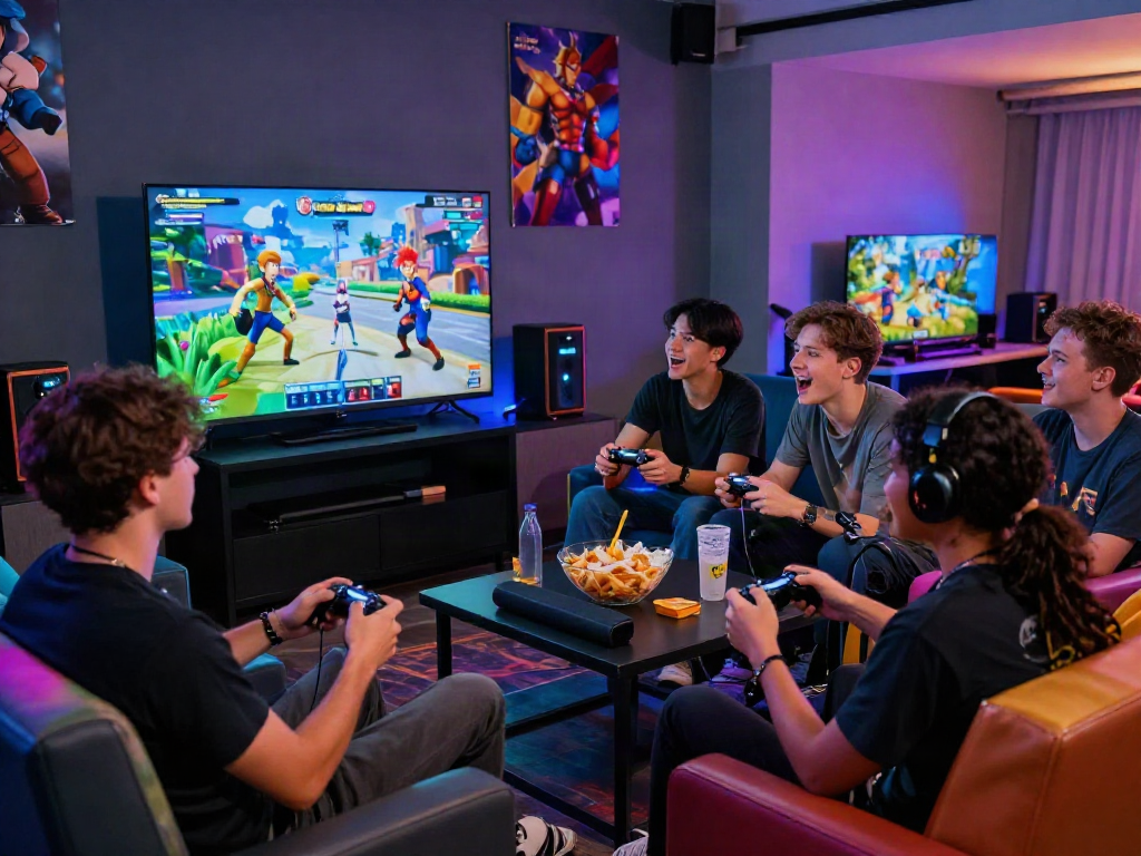 Exciting multiplayer porngames session in a vibrant gaming lounge