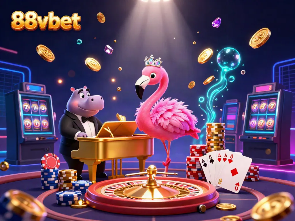 Experience vibrant casino atmosphere with 88vbet characters at a lively digital gaming lounge.