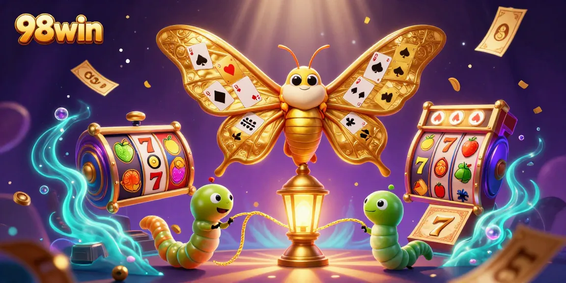 Win exciting jackpots at 98win with vibrant slots and casino elements featured in this dynamic illustration.