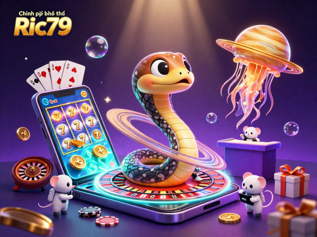 Experience the excitement at "Chính sách bảo mật Ric79" as playful astronaut mice engage in bets on vibrant casino rings.