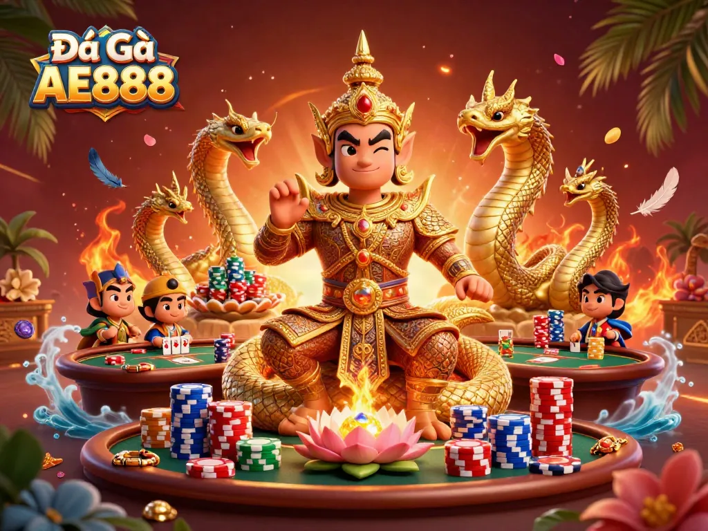 Engage with Đá Gà AE888 as vibrant temple guardians showcase gambling excitement in a stunning arena.