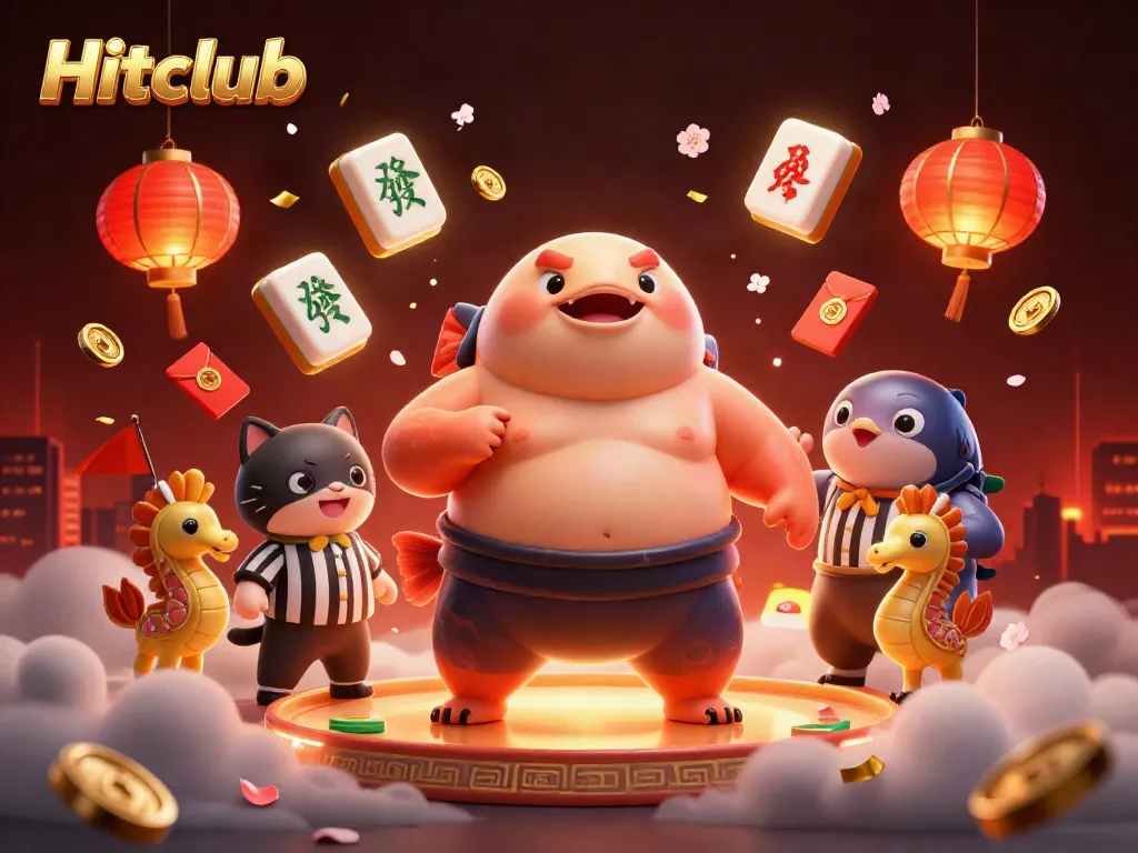 Exciting Hitclub scene with a cartoon fugu in a sumo belt and lively underwater casino elements.