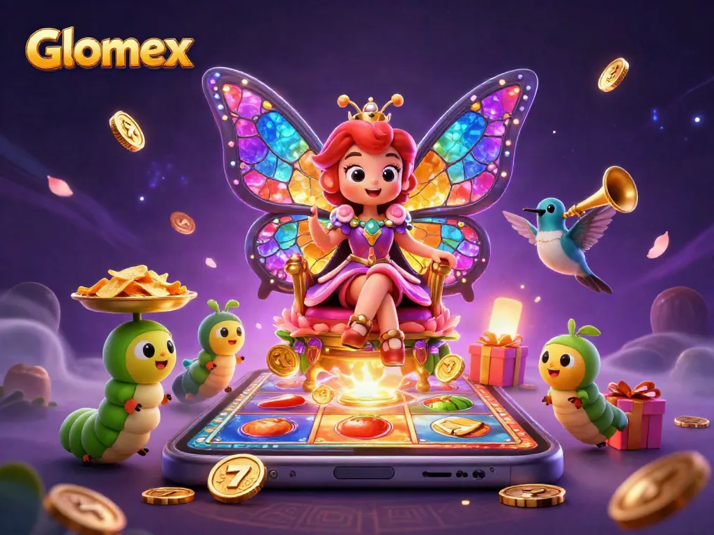Engage with Glomex through vibrant casino-themed art featuring magical characters and slot elements.