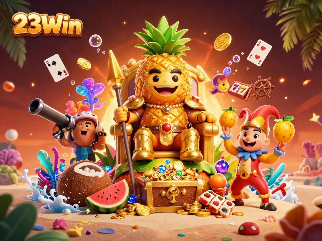Engage with 23Win's vibrant casino scene featuring a golden pineapple king and treasure elements.