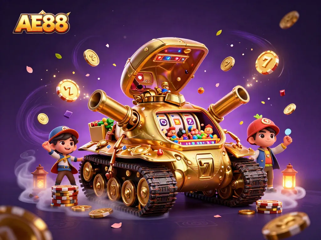Engaging AE88 casino illustration featuring a golden beetle tank with a miniature casino and dynamic game elements.