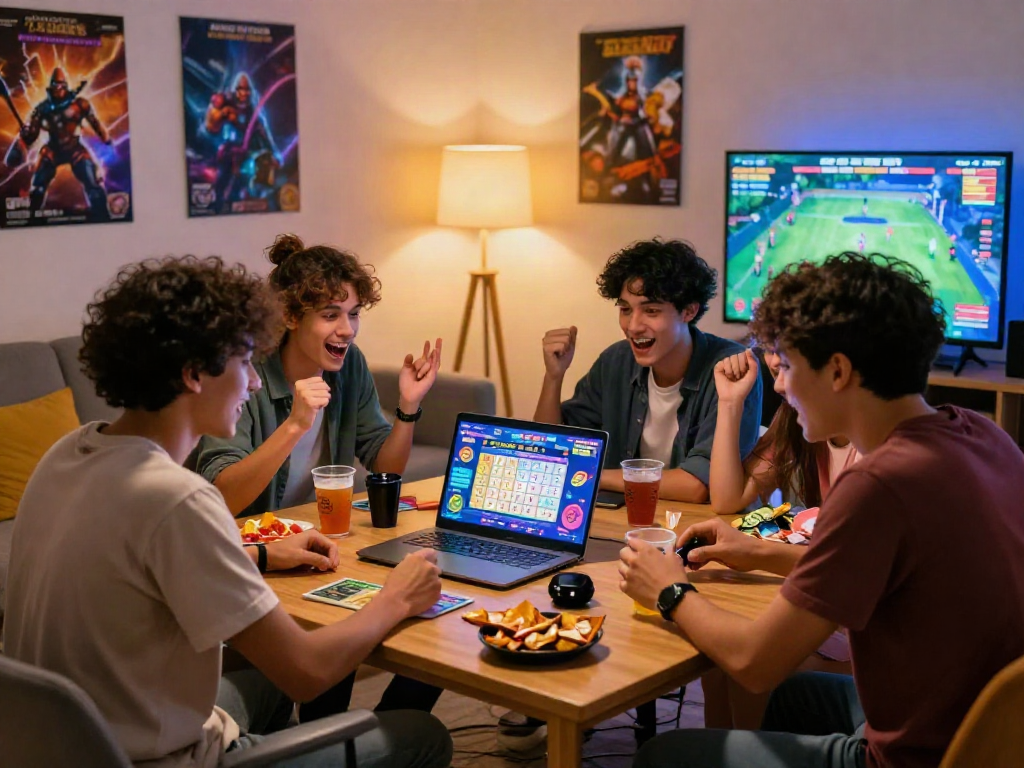 Friends enjoying togel online in cozy living room, showcasing vibrant gaming atmosphere.
