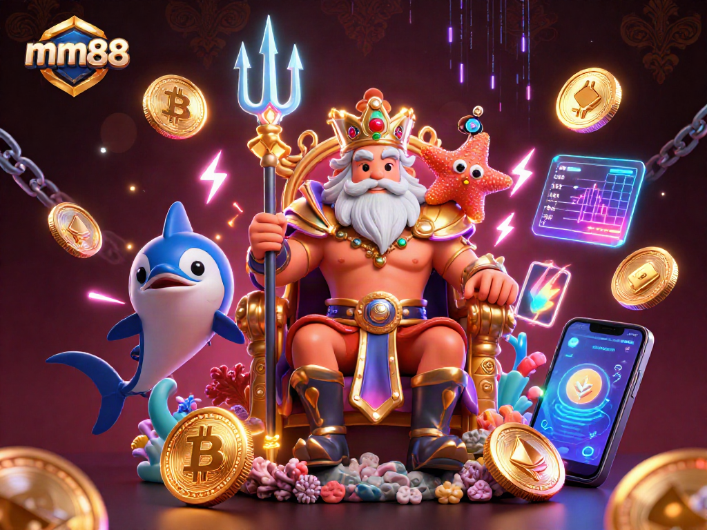 Engage with mm88's vibrant 3D illustration showcasing Neptune and cryptocurrency elements.