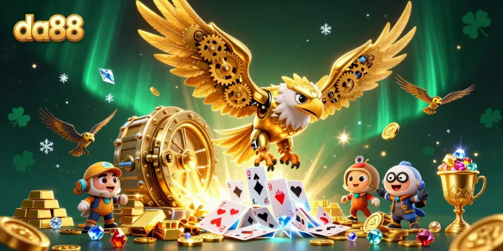 Experience the thrill of da88 with vibrant casino elements and golden treasures in this illustrated scene.