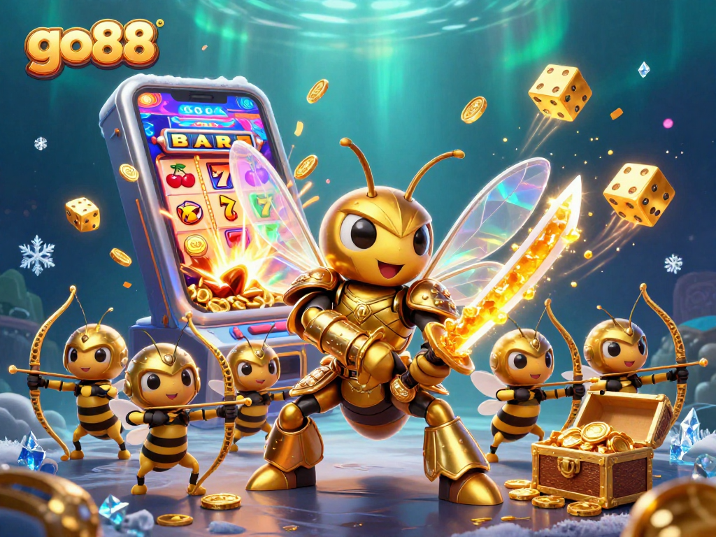 Engage in go88's thrilling jackpot adventure with a vibrant slot machine and dynamic characters.