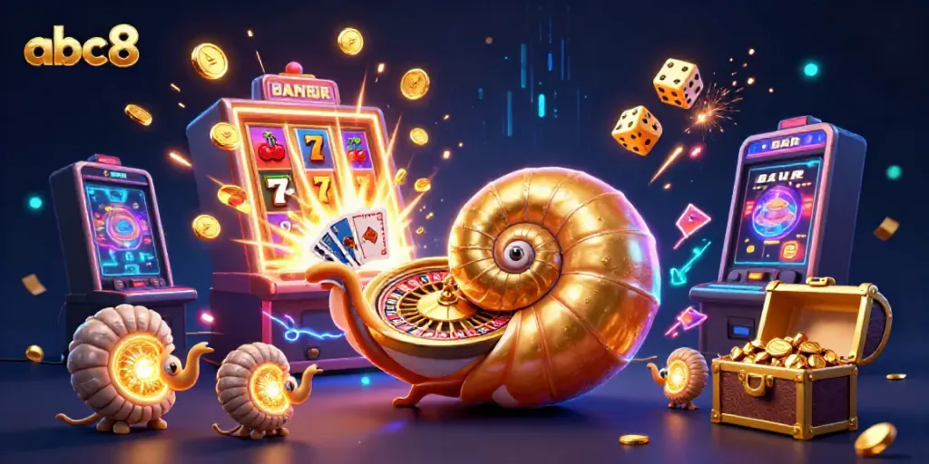 Experience thrilling casino action at abc8 with a vibrant 3D illustration featuring a giant nautilus and jackpot elements.