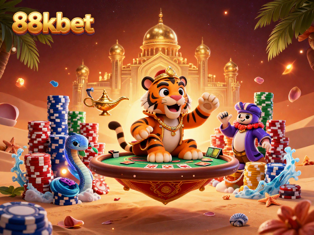 88kbet demonstrates thrilling poker action amidst an Arabian Nights-themed casino scene.