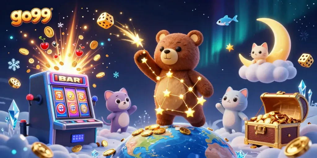 Experience the vibrant world of go99 with lively characters and casino elements exploding in excitement.