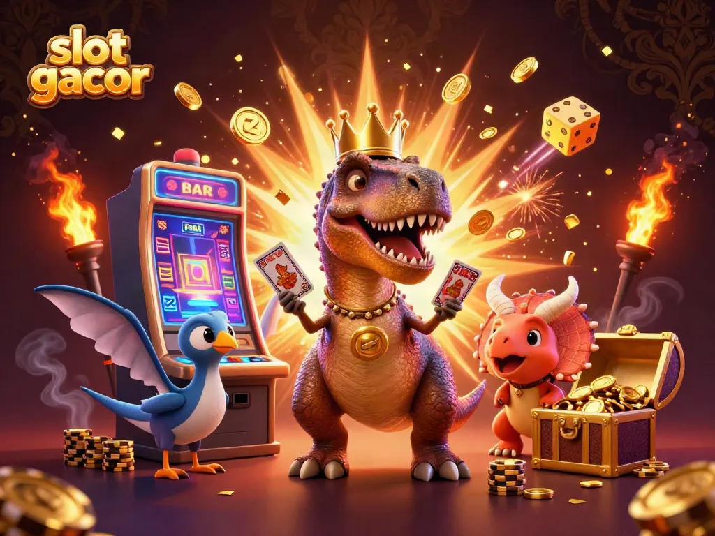 Experience slot gacor action with playful dinosaurs in a vibrant casino scene filled with excitement.
