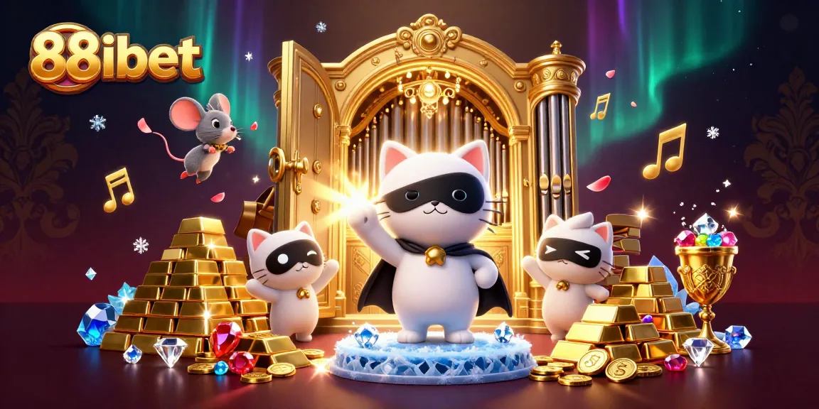 Experience thrilling fortune with 88ibet's enchanting casino scene, featuring a whimsical cat and dazzling treasures.