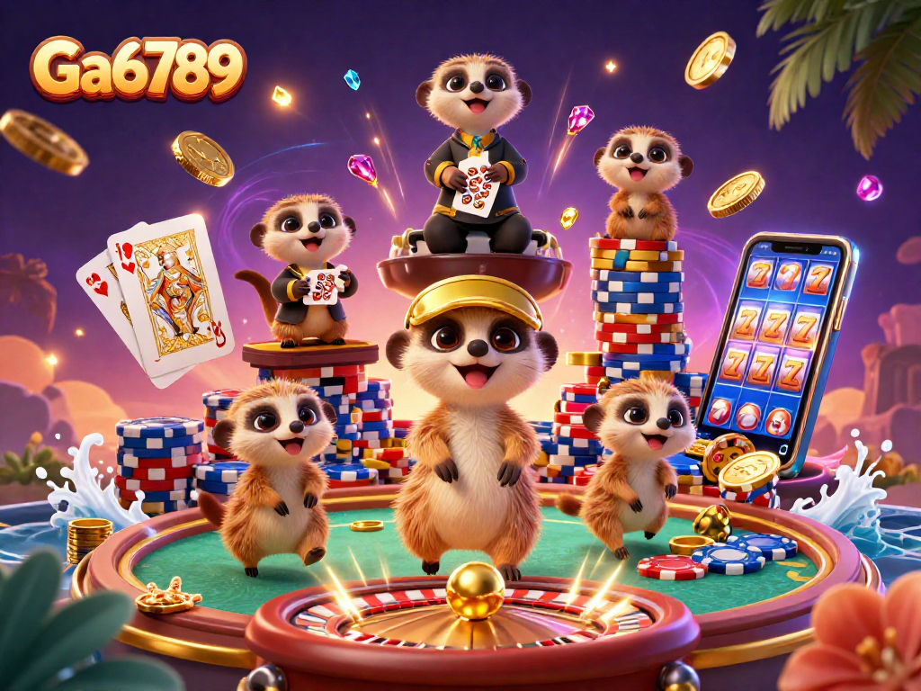 Experience the thrill of Ga6789 with meerkats running a lively casino in a dynamic, colorful scene.