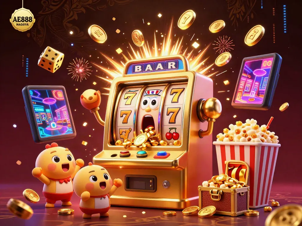 Engaging scene with AE888 NAGOYA slot machine hitting a jackpot, coins falling with vibrant casino symbols.
