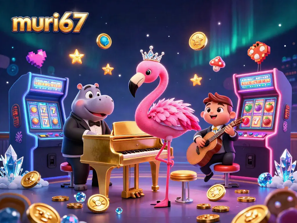 Engage in thrilling jackpots at murai67, featuring lively 3D casino characters, slot symbols, and vibrant gaming elements.