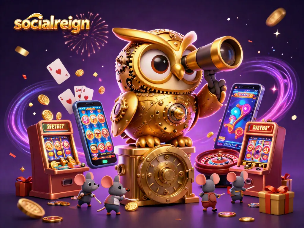 Engage with socialreign's vibrant casino adventure featuring a golden owl amidst immersive gaming elements.