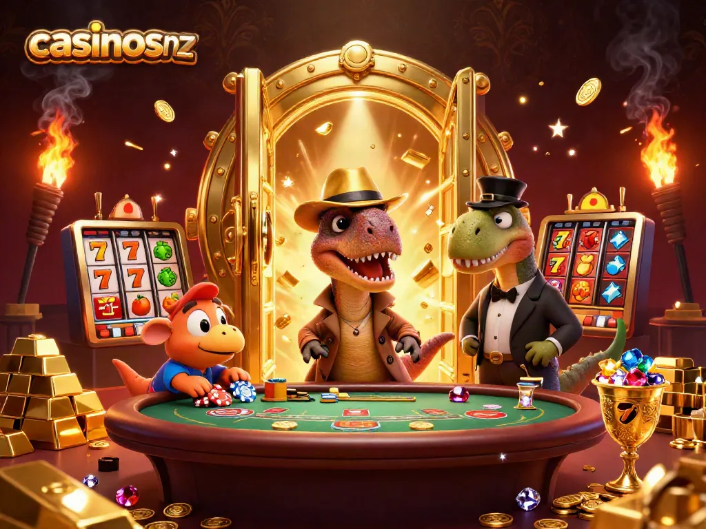 Engage with the animated scene of casinosnz, showcasing a sneaky velociraptor at a blackjack table surrounded by fruits and jewels.