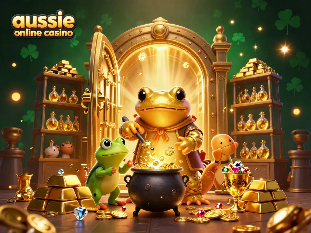 Engaging scene showcasing aussie online casino elements with golden alchemist, frog, and newt assistants.