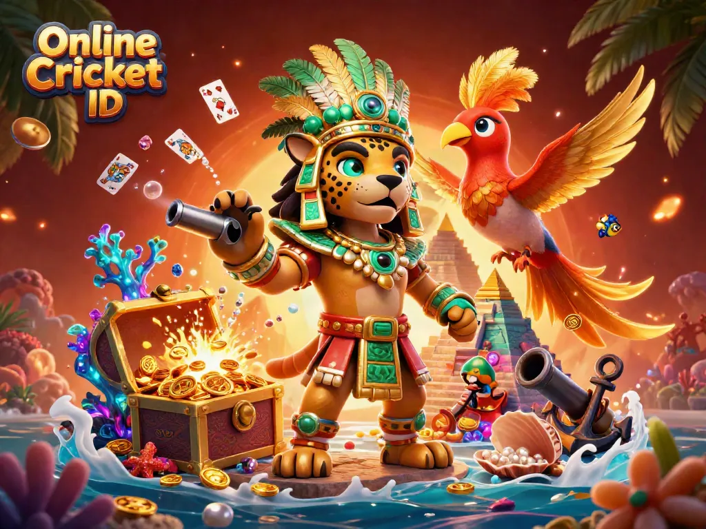 Engage with Online Cricket ID experience featuring dynamic 3D illustration of a Mayan priest and unique elements.