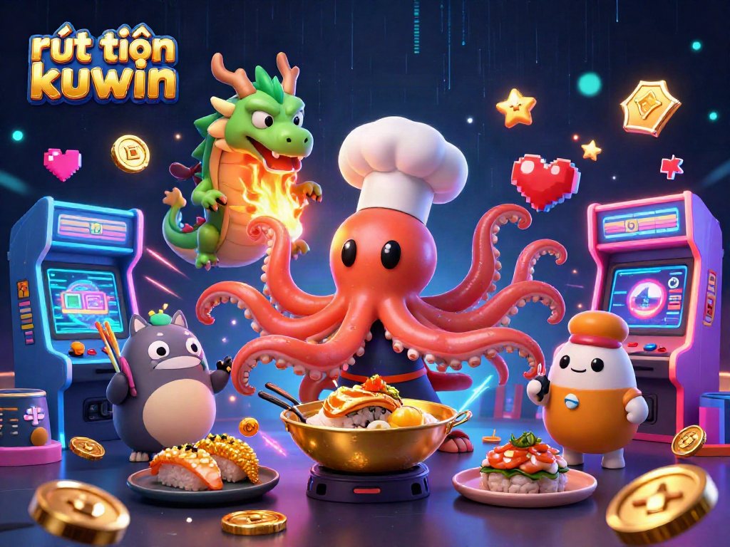 Activate your winnings with rút tiền kuwin as the cartoon chef octopus and dragon showcase vibrant casino energy.