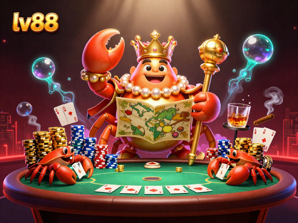 Experience thrilling gameplay at lv88 with a golden crab emperor amidst vibrant casino elements.