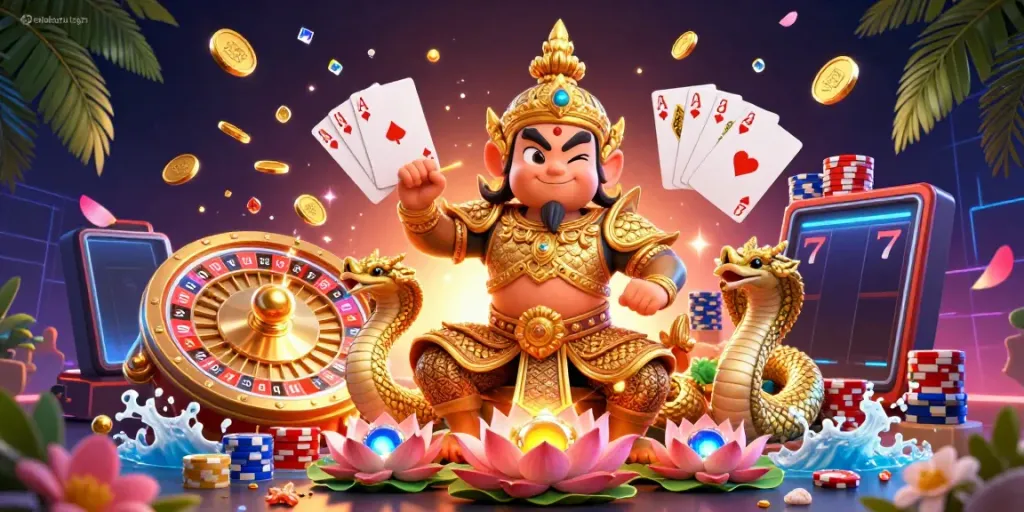 Experience the excitement of coloktoto login with a vibrant 3D scene featuring themed casino elements and a friendly guardian.