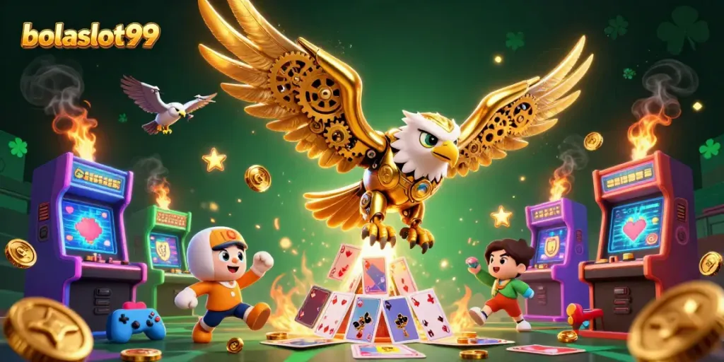 Experience the thrill with bolaslot99 as a cybernetic eagle dives into a vivid casino world.