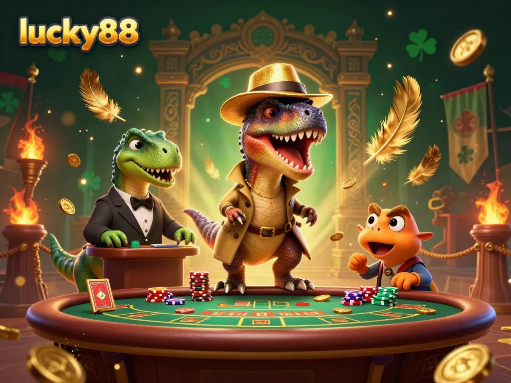 lucky88 showcases a cartoon velociraptor card counter at a blackjack table, amidst sparkling casino elements.