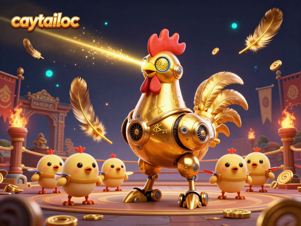 Engage with the exciting caytailoc slot game, featuring a golden rooster robot and baby chick drones amidst vibrant casino elements.