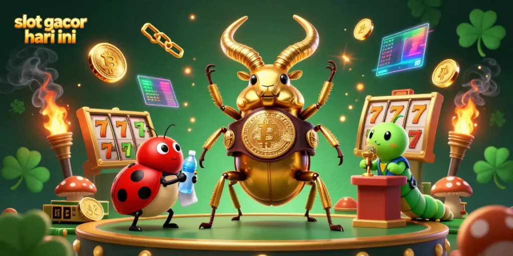Play slot gacor hari ini with golden beetles and ladybugs amid vibrant, dynamic casino elements.