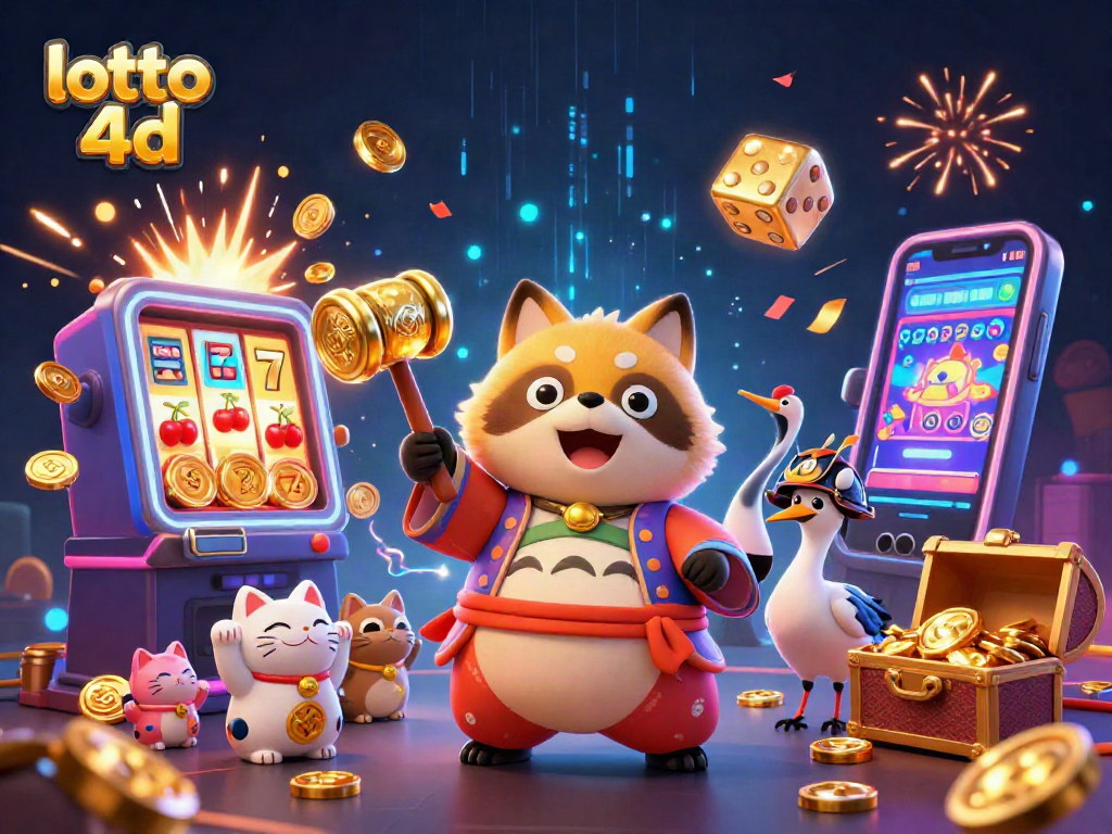 Lotto 4D characters celebrating a jackpot with vibrant images of fortune and gaming.