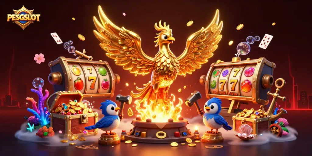 Engage with PESGSLOT's thrilling casino scene featuring a golden phoenix and exciting slot elements.